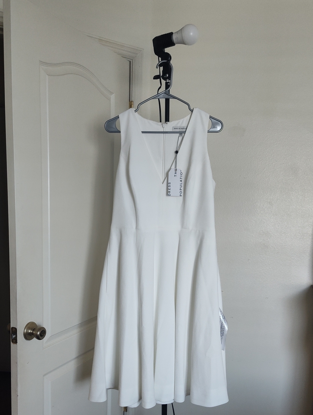 Dress the Population White V-Neck Midi Fit & Flare Dress